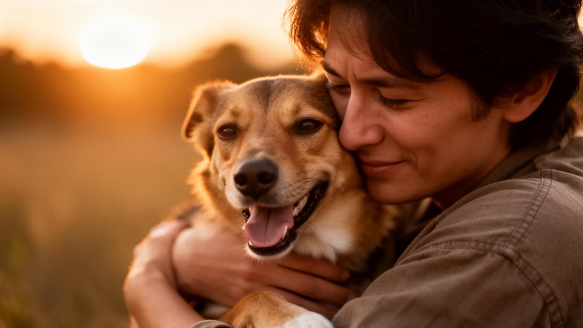 Tutor abraçando seu cachorro ao pôr do sol