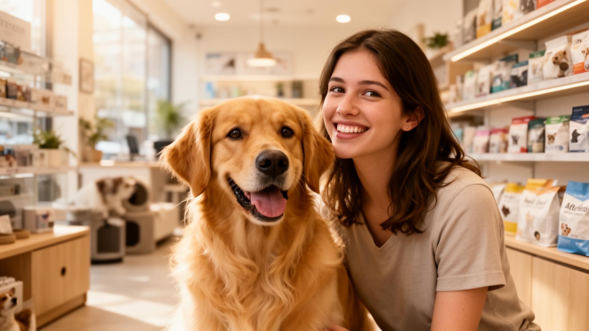 Tutora feliz com seu cachorro em petshop premium em Santa Maria